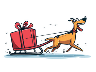 Fototapeta premium Dog pulling red gift box on sled