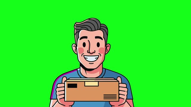 Happy Man Holding Cardboard Package Delivery Animation on Green Screen
