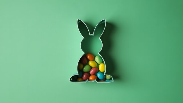 A metal bunny shaped cookie cutter filled with colorful chocolate candies on a solid green background