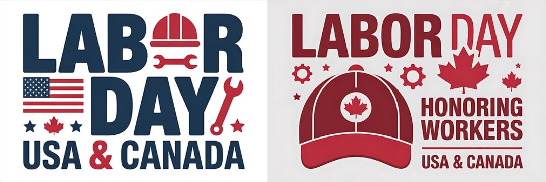 Labor day celebration graphics featuring american and canadian symbols for honoring workers in usa and canada