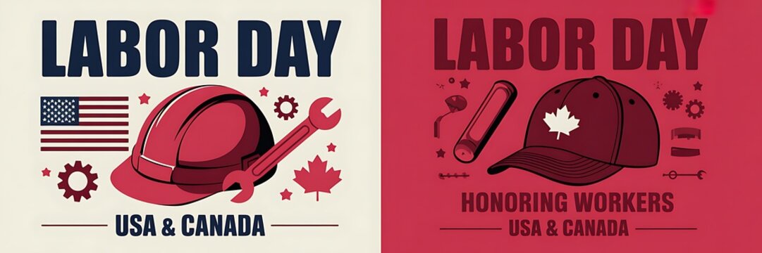 Labor day celebration posters with hard hats and tools featuring american flag elements and vintage typography designs
