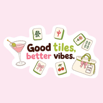 Coquette Mahjong Game Tiles with Cocktail and Bow Hand Drawn Vector Graphic