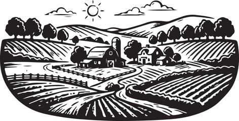 Naklejka premium Rural Farmland and Agriculture Landscape Black Vector Silhouette
