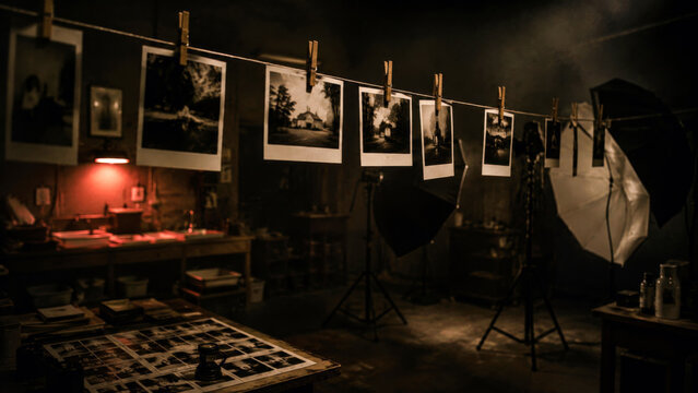 Vintage photography darkroom with black and white prints hanging to dry, showing traditional film developing and photographic production