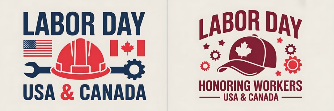 Set of labor day designs featuring hard hats tools and flags of the united states and canada