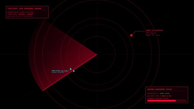 Tactical Military Air Defense Radar HUD Display with Rotating Sweep and Digital Targeting Data