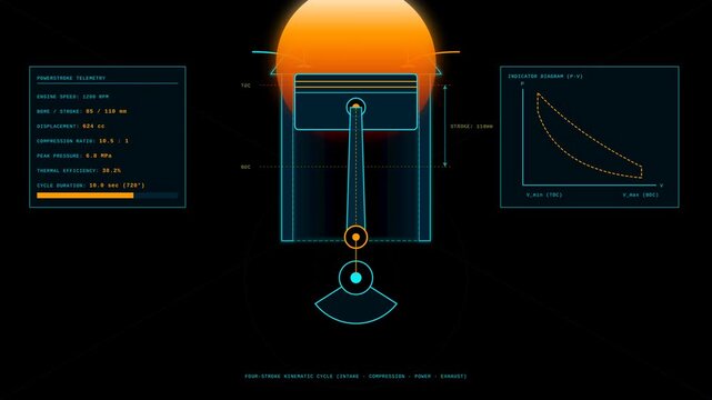 Technical Animation of a Four Stroke Internal Combustion Engine Cylinder Cycle with P V Diagram