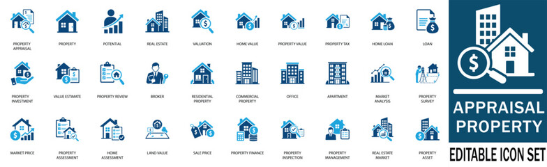Naklejka premium Real estate property appraisal icon set including home valuation, mortgage, investment, inspection, broker, land, loan, and financial asset vector symbols.