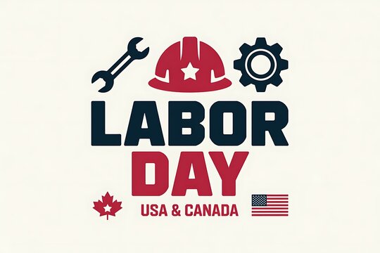 Labor day celebration typography design featuring a construction helmet wrench and gear for usa and canada workers