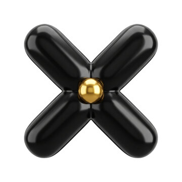 Glossy black abstract X shape with a golden sphere at its center, representing multiplication