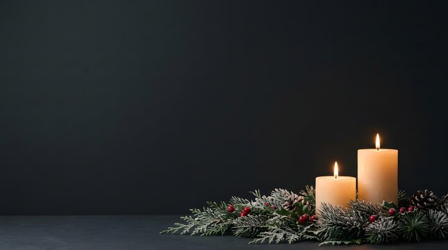 Christmas candles with frosty pine branches and berries against a dark gray background