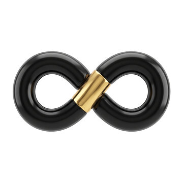 Black glossy infinity symbol rendered with a golden metallic connection, representing endlessness and continuity