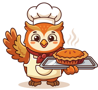 Cute kawaii owl chef mascot character holding a hot freshly baked pie on a tray, waving wing. Perfect vector illustration for bakery, cafe menu, and culinary branding. 