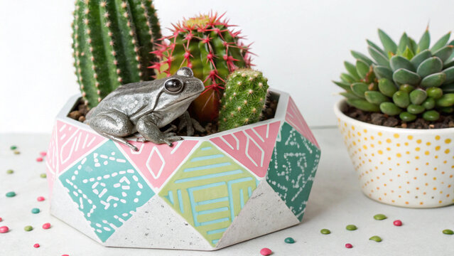 Metallic frog sculpture in a cactus pot