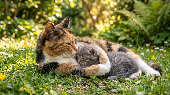 A mother cat tenderly embracing and cuddling her sleepy grey kitten in a sunlit green meadow garden