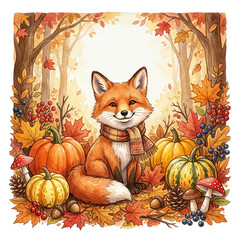 Fototapeta premium Charming watercolor illustration of a fox wearing a scarf, surrounded by pumpkins, autumn leaves, mushrooms, and berries in a cozy fall forest scene, with warm seasonal colors