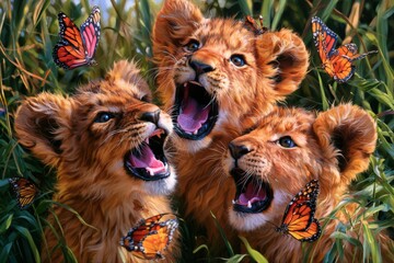 Naklejka premium Three lion cubs roar together in tall green grass