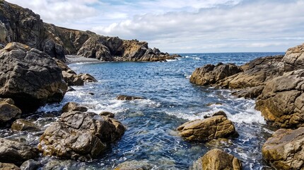 Fototapeta premium Rugged rocky coastline with blue ocean waves and dramatic cliffs