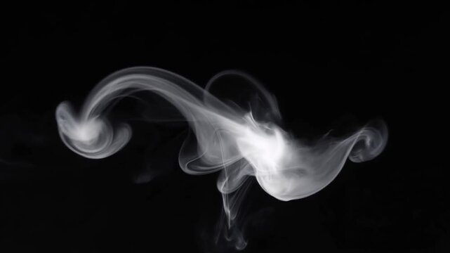 Slow motion close up of white smoke plume swirling and rising against black studio background