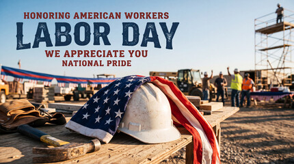 Naklejka premium Usa labor day scene featuring an american flag draped over a white hard hat, worker appreciation concept, bold patriotic styling, festive holiday design, industrial motif accent, celebratory