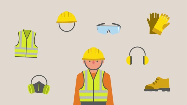 Construction worker animation wearing safety gear with floating equipment icons including hard hat, vest, glasses, mask, and gloves. Industrial video
