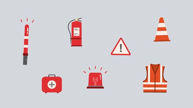 Emergency and traffic safety equipment animation featuring siren light, fire extinguisher, first aid kit, traffic cone, orange vest, and warning sign