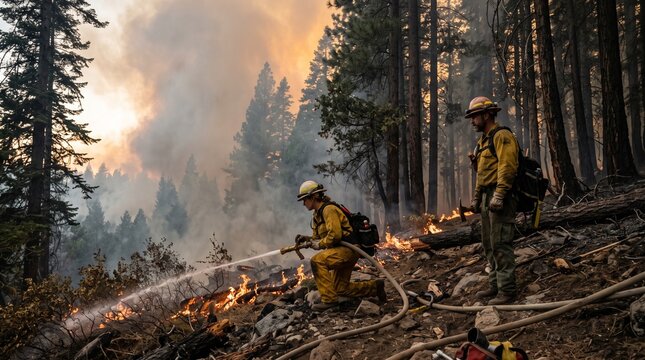 Firefighters battling a forest wildfire with a hose and tools in a smoky mountain woodland