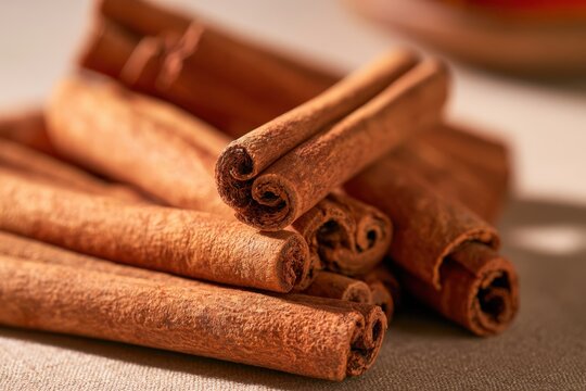 Warm cinnamon sticks lie softly on textured fabric