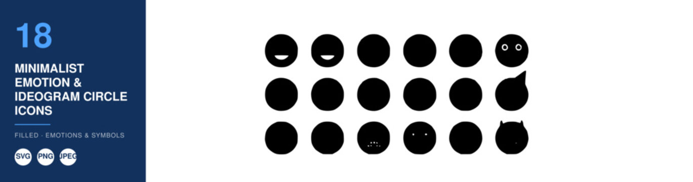Minimalist Emotion Ideogram Circle Icons Set, Filled Nameplate Design. Simple Vector Symbols Representing Feelings