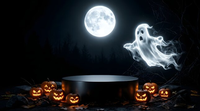 A spooky halloween display podium featuring glowing jack o lanterns and a ghostly spirit under full moon