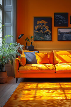 A bright modern living room with an orange sofa, bold wall art, and sunlight casting plant shadows creates a lively, warm, and stylish home atmosphere.