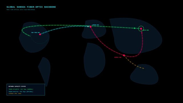 Digital Global Subsea Fiber Optic Network Data Flow Visualization with Real Time Connectivity Map