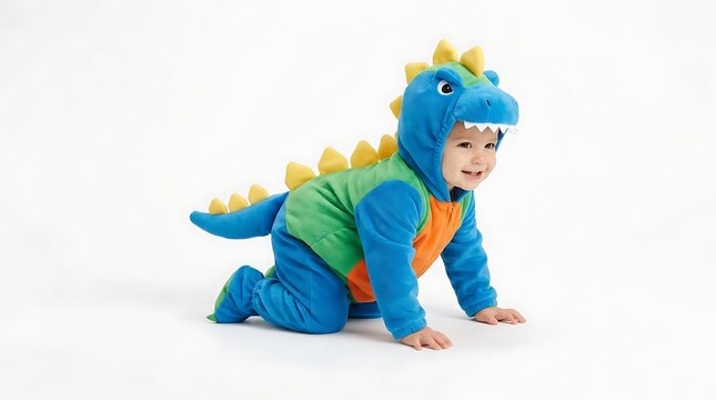 Cute toddler crawling in blue dinosaur costume