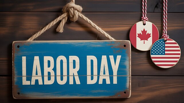 Rustic wooden sign with labor day text hanging alongside canada and united states flag dog tags
