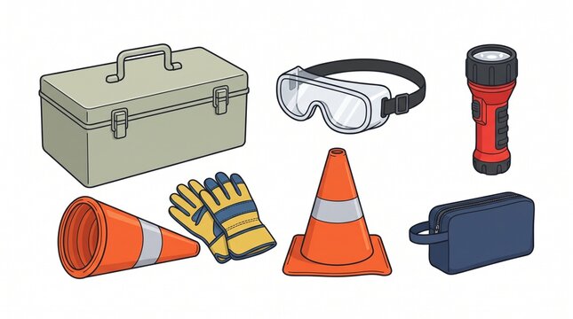 Collection of safety equipment including a toolbox, safety glasses, flashlight, traffic cones, and gloves