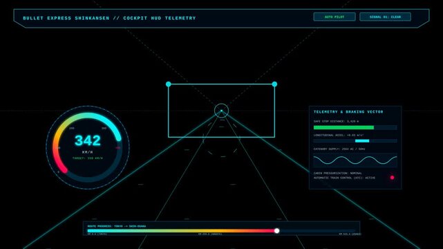 Futuristic Bullet Express Train Cockpit Head Up Display Interface Showing High Speed Telemetry Data