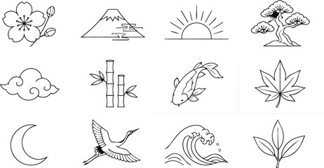 Naklejka premium Japanese Zen Line Art Icons Set Featuring Traditional Nature Symbols