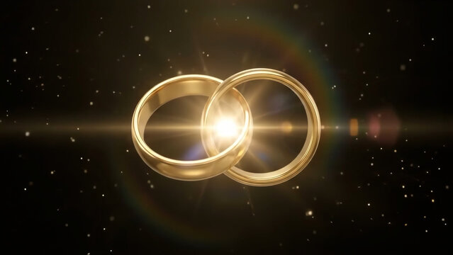 Two interlocking golden wedding rings with bright central lens flare, rainbow halo glare, and floating bokeh sparkles illustration