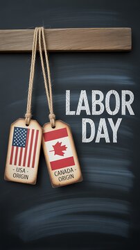 Labor day concept with hanging wooden tags featuring american and canadian flags on a black chalkboard background