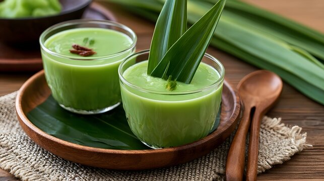 Two glasses of vibrant green coconut pandan pudding garnished with fresh leaves on a wooden plate with a wooden spoon