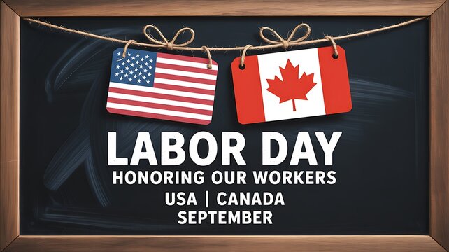 Labor day celebration background featuring american and canadian flags hanging on a wooden chalkboard frame