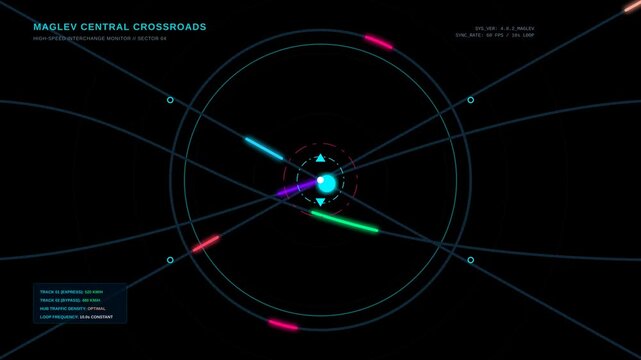 Futuristic Maglev Central Crossroads HUD Interface Monitor Showing High Speed Transit Network Data