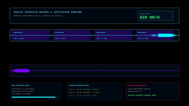 Futuristic Maglev Train Control Interface Display with High Speed Data Monitoring System HUD Panel