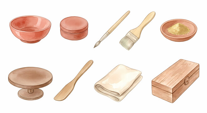 漆器と蒔絵の道具 アイコンセット 水彩