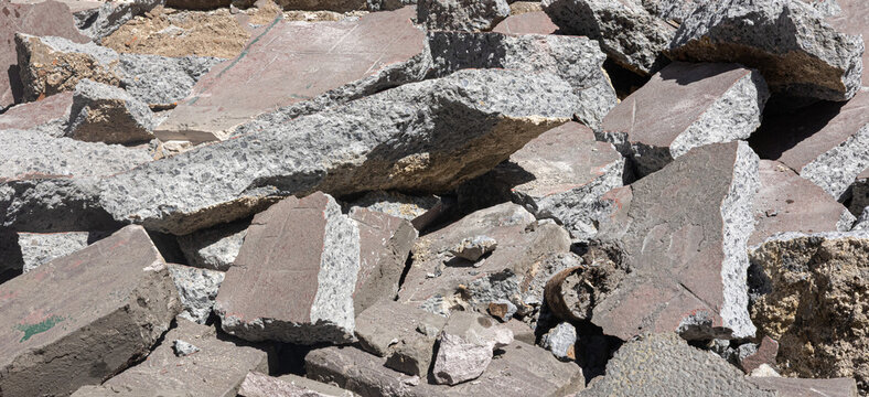 Concrete rubble fragments from construction site demolition