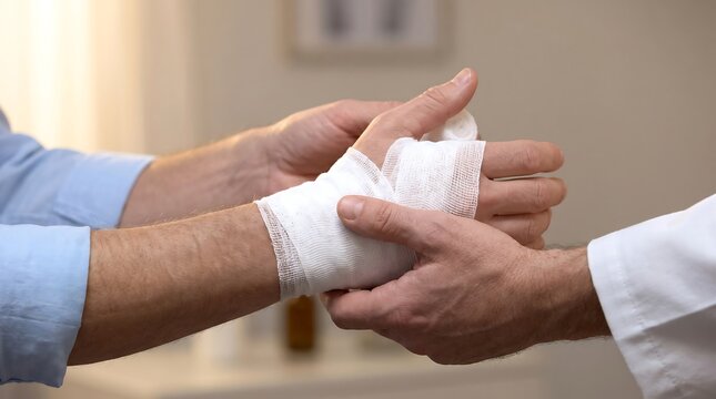Medical professional wrapping patient wrist and hand with white gauze bandage wrist wrap hand injury medical treatment doctor hands patient care injury healing