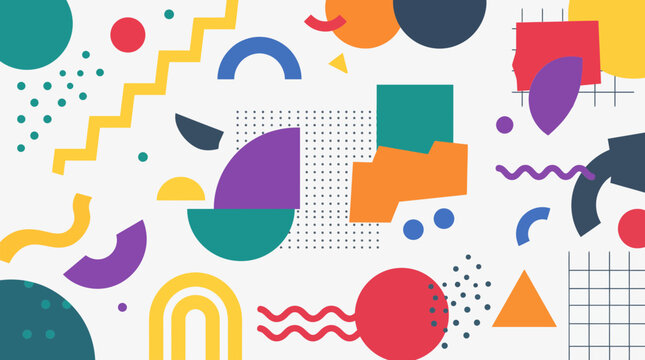 Vibrant geometric vector illustration featuring assorted playful shapes like circles squares zigzags and lines in a colorful flat style designed for modern creative backgrounds and artistic posters
