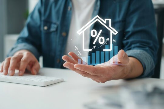 Real estate investment growth chart with house and percentage symbols showing mortgage interest rates and property value increase.