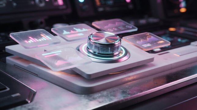 Futuristic control panel with glowing holographic buttons and central metallic dial futuristic interface sci fi console digital dashboard advanced technology