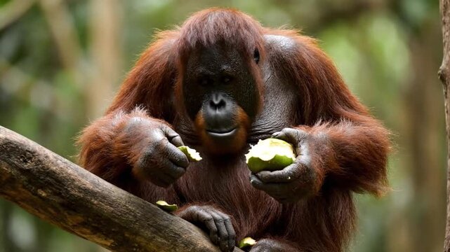 An orangutan may brachiate or swing, but here it eats fruit and uses a peel on a branch